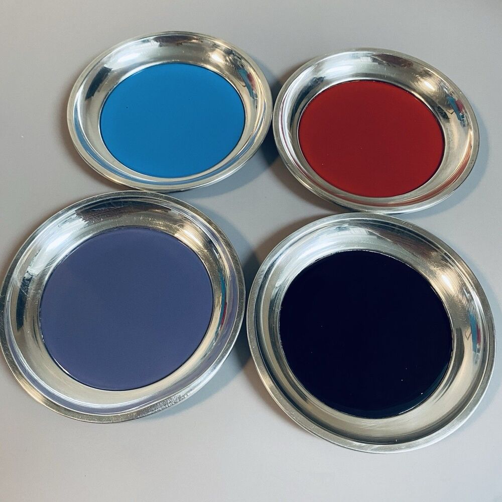Vintage Mid Century Towle Sterling & Enamel Coaster Set Of 4
